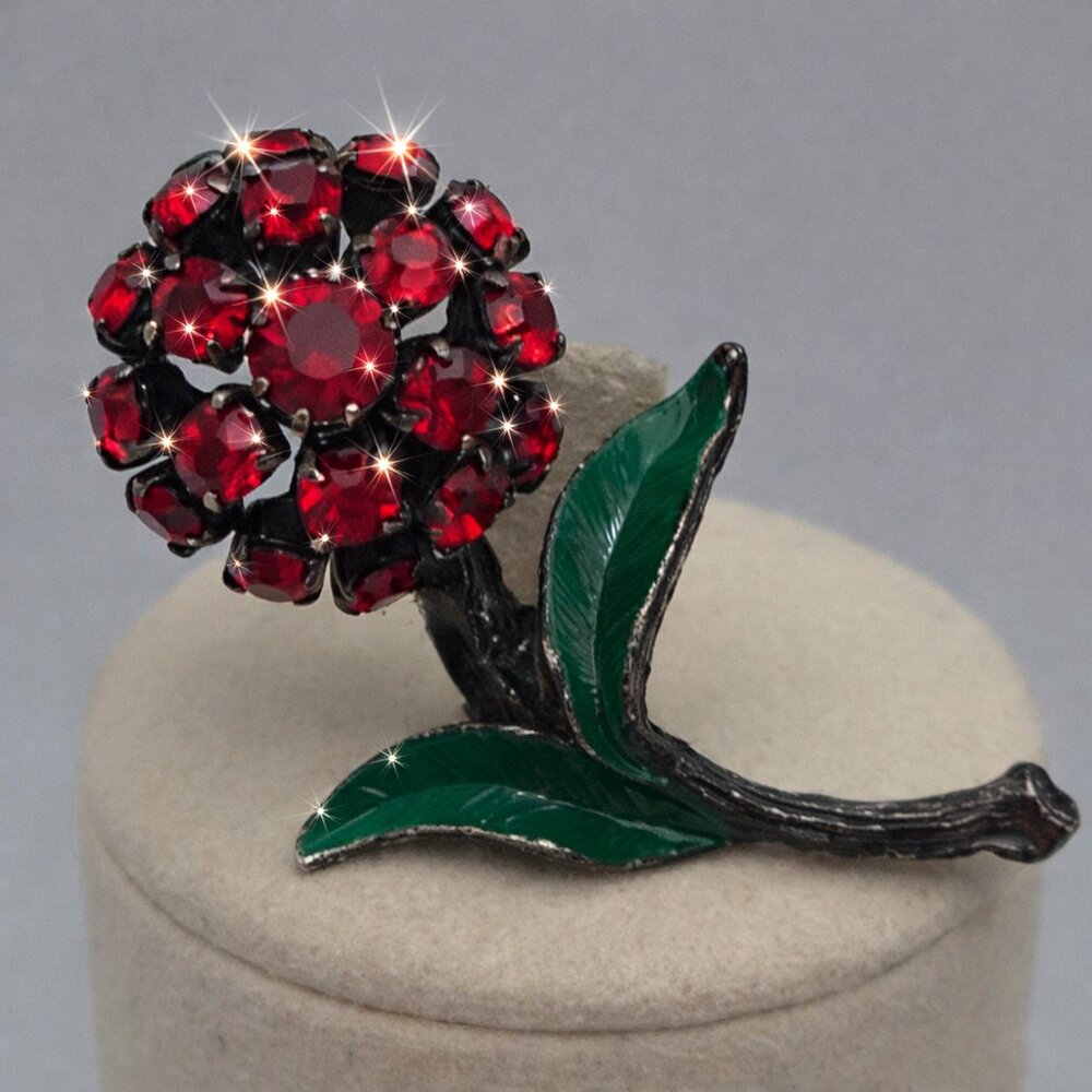 Vintage Austrian Brooch Red Cherry Green Enamel Floral Pin Artisanal Gift